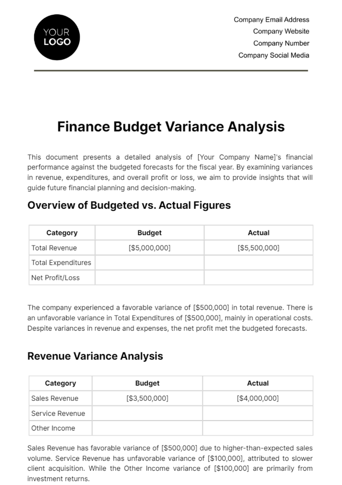 Finance Budget Variance Analysis Template