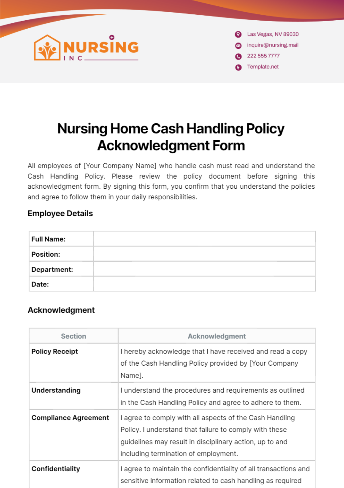 Nursing Home Cash Handling Policy Acknowledgment Form Template