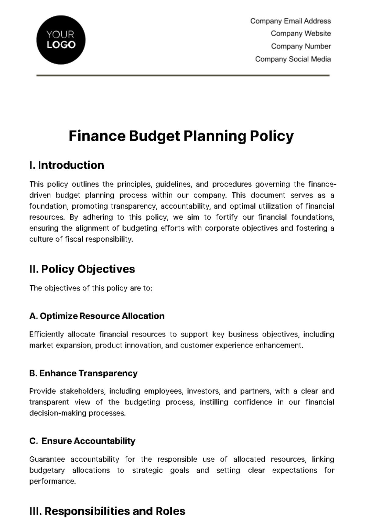 Finance Budget Planning Policy Template