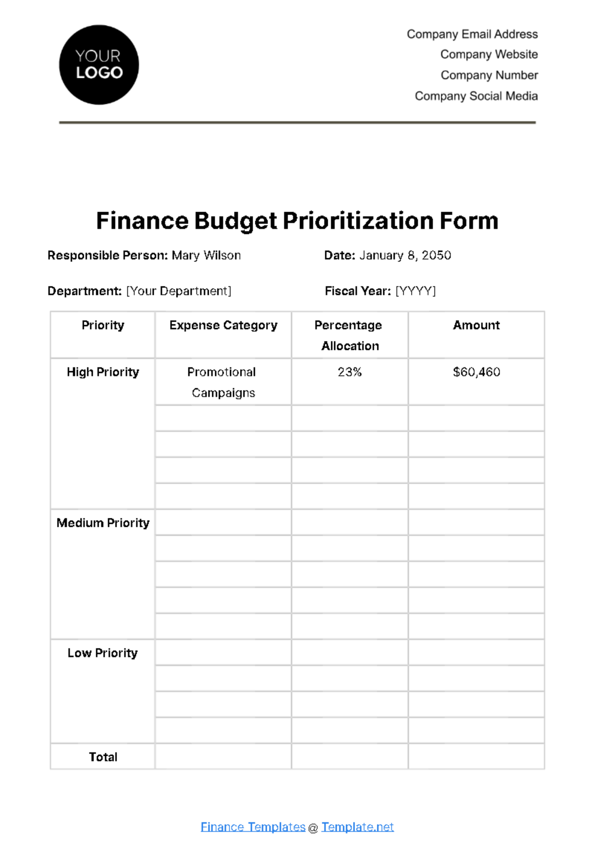 Free Finance Budget Prioritization Form Template