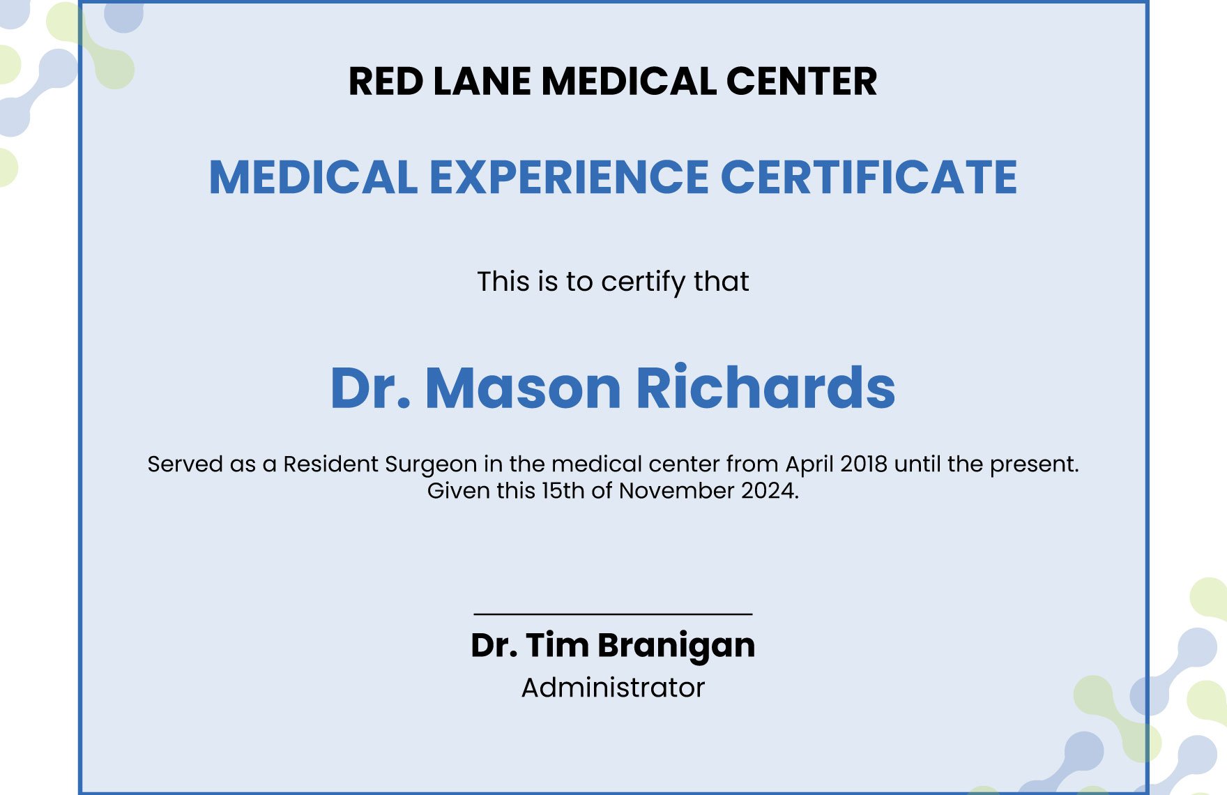 Medical Experience Certificate Template