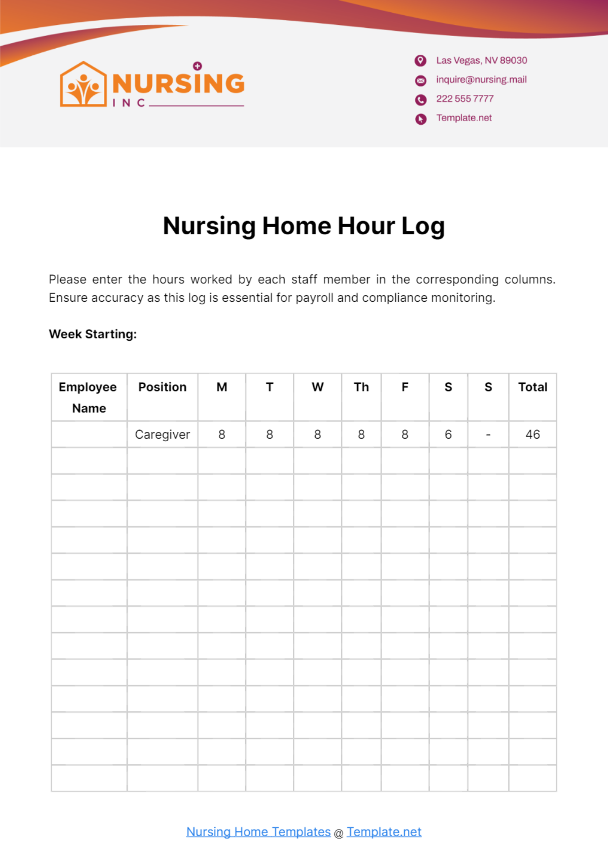 Nursing Home Hour Log Template