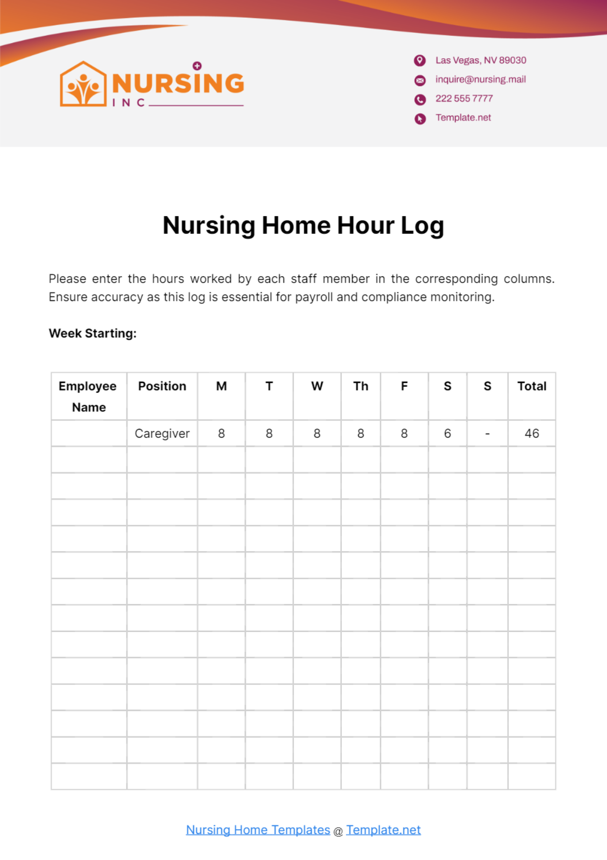 Nursing Home Hour Log Template - Edit Online & Download