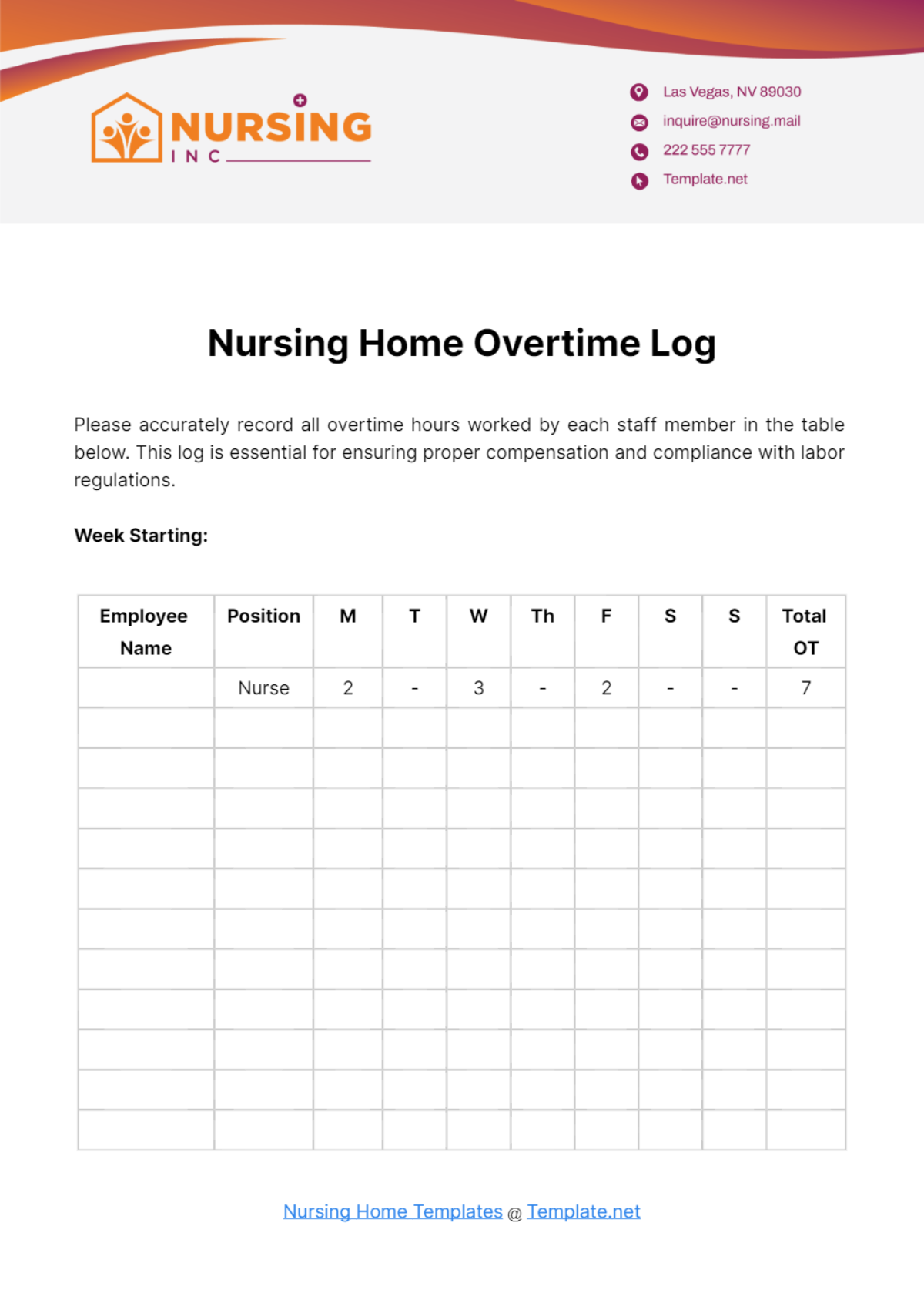 Free Nursing Home Overtime Log Template