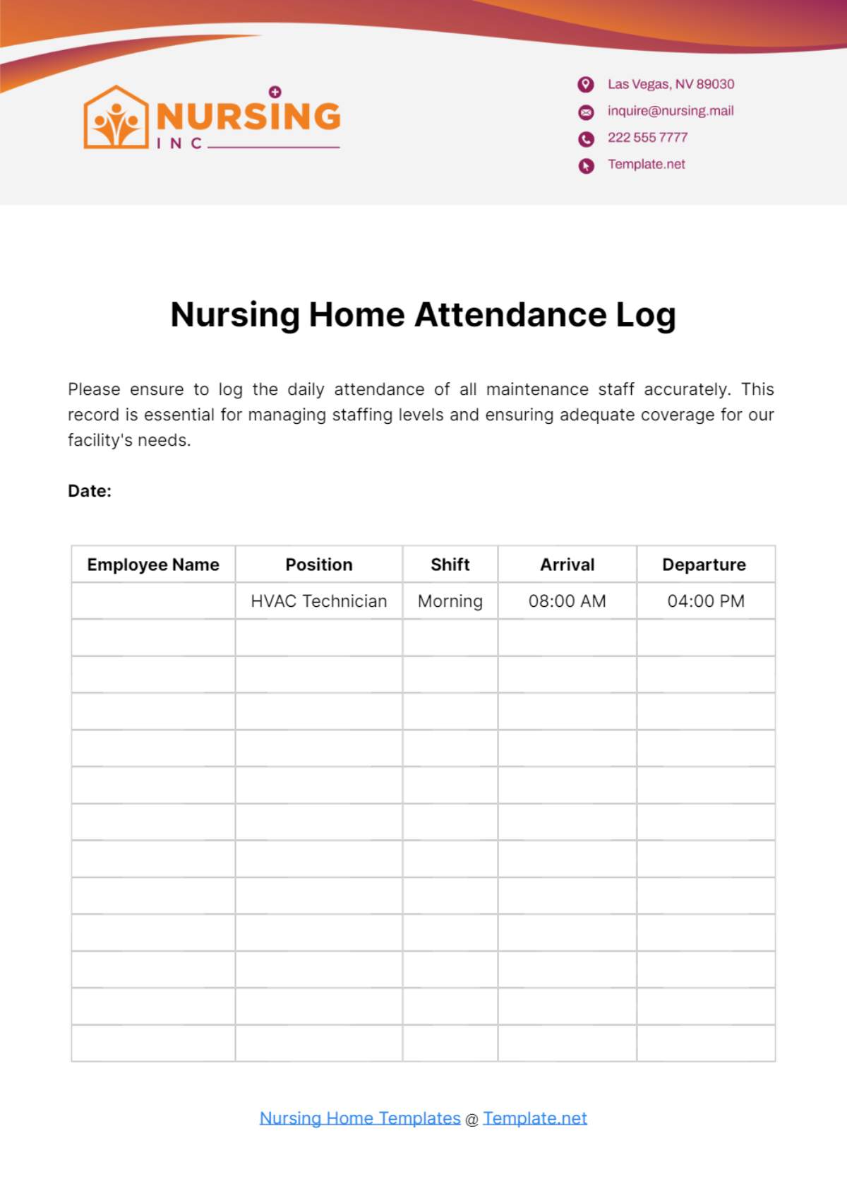 Free Nursing Home Attendance Log Template