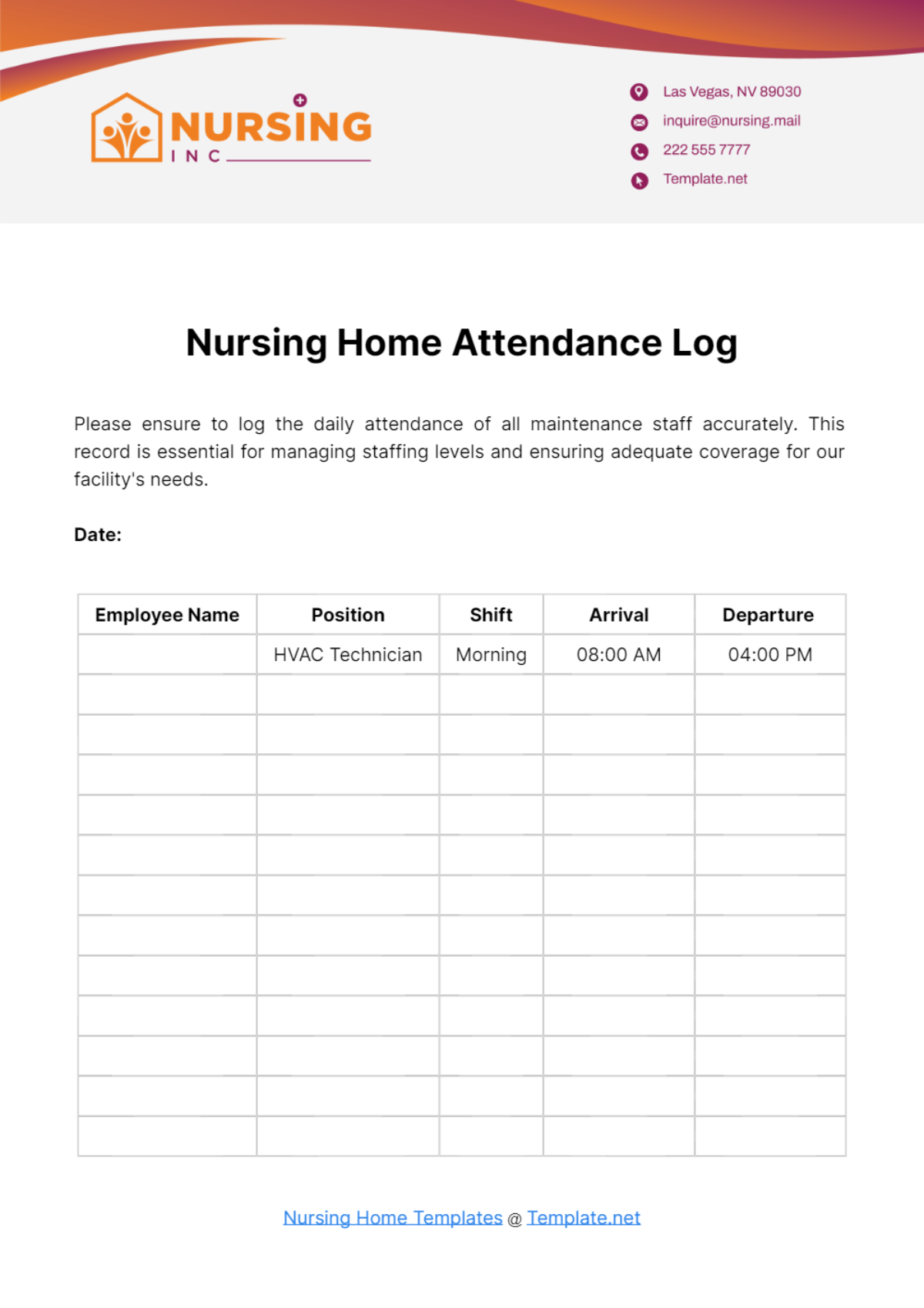 Nursing Home Attendance Log Template - Edit Online & Download