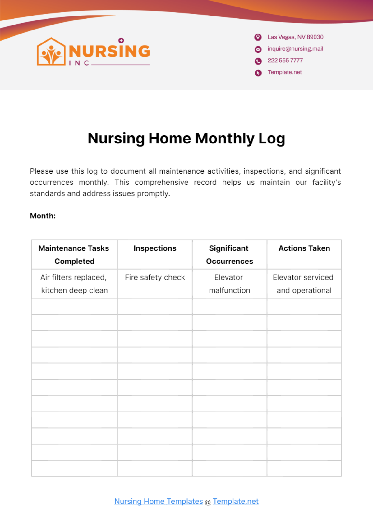 Nursing Home Monthly Log Template