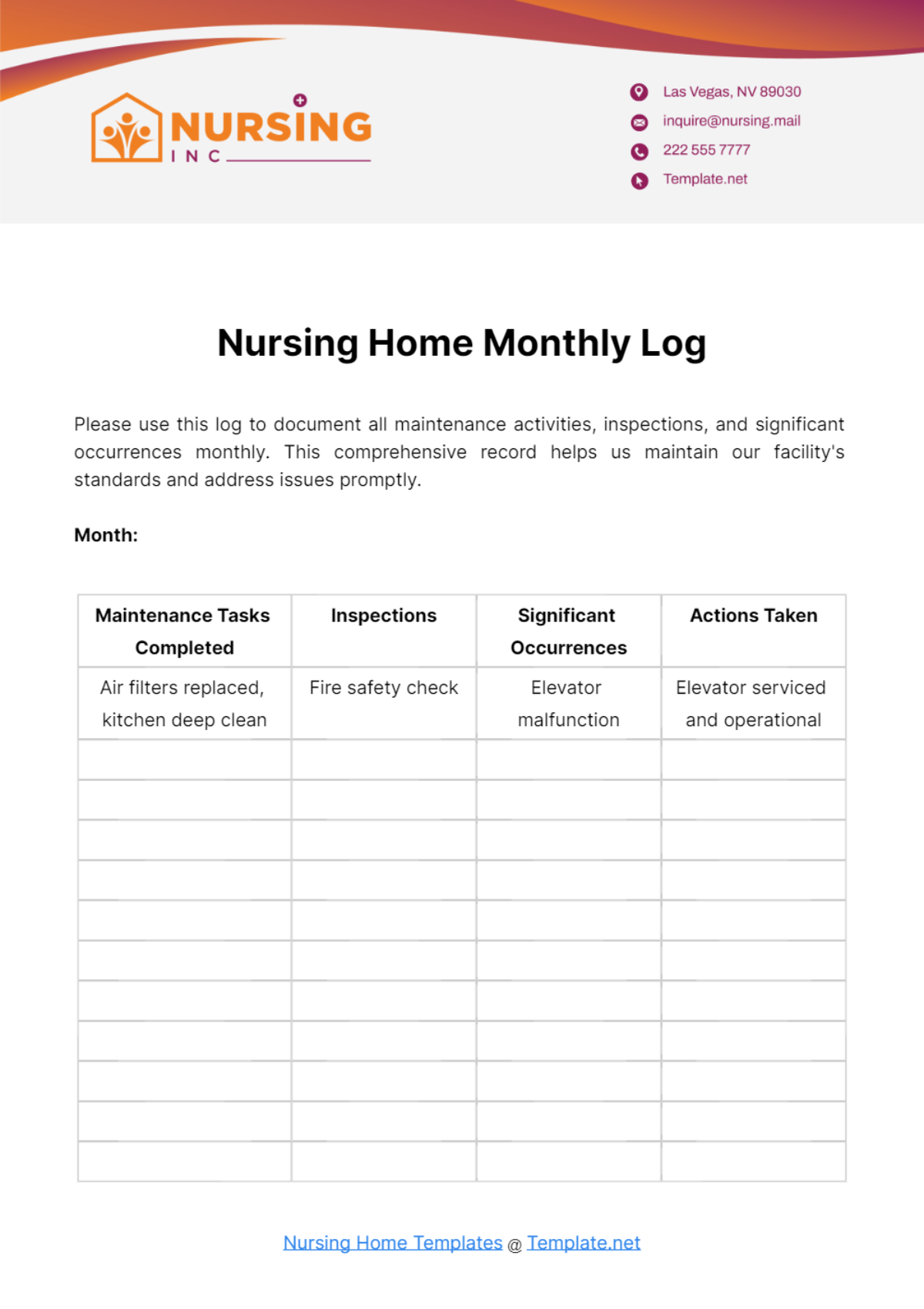 Nursing Home Monthly Log Template - Edit Online & Download