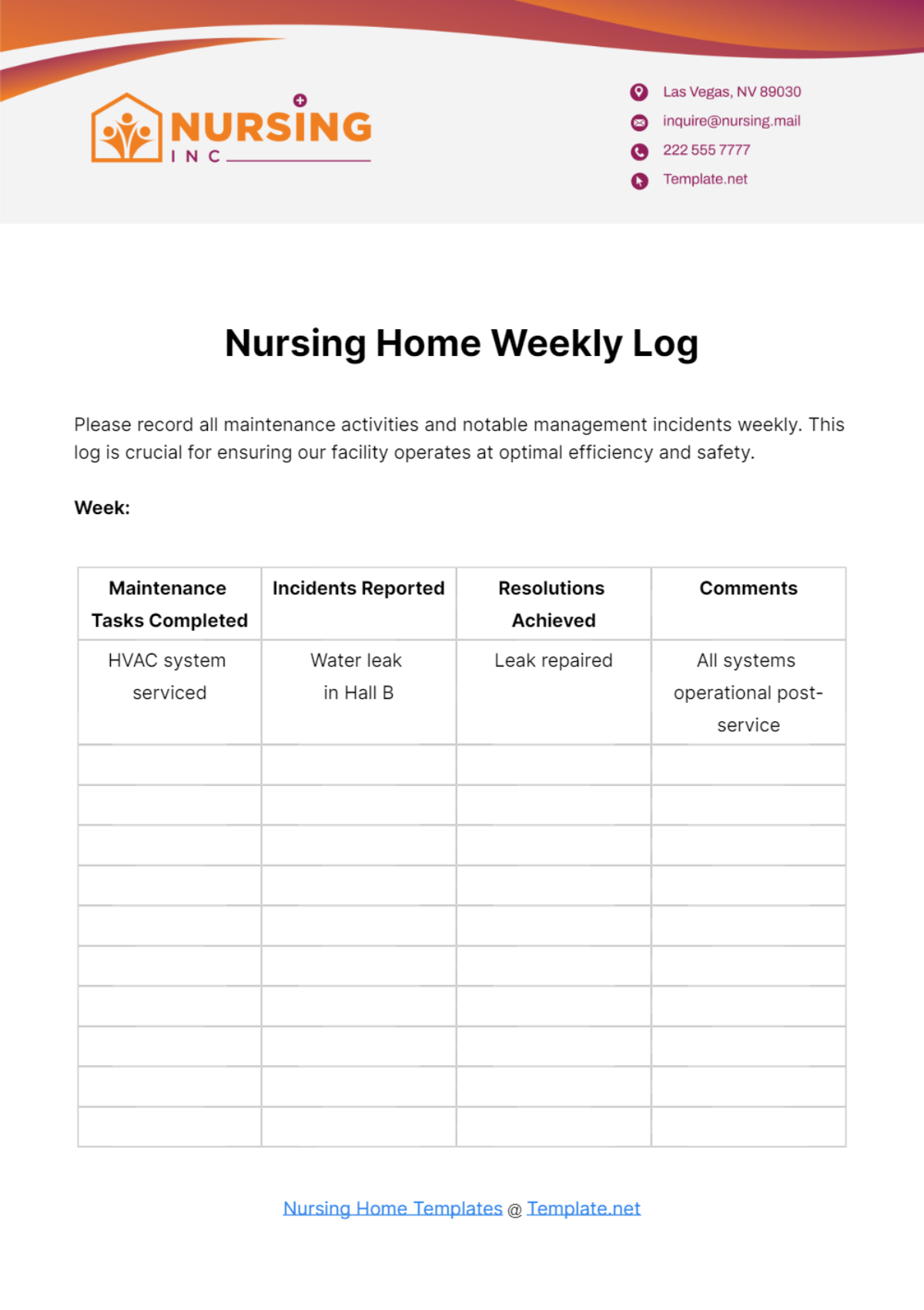 Nursing Home Weekly Log Template