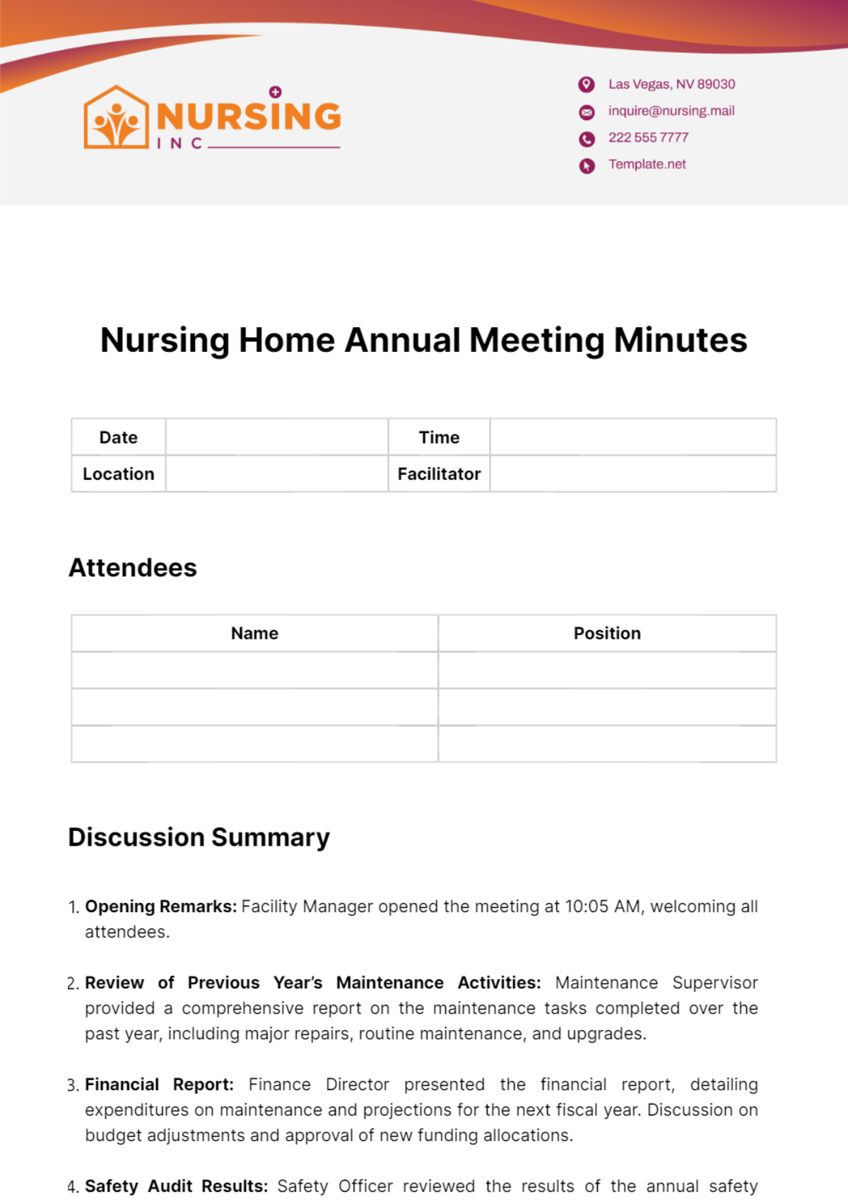 Free Nursing Home Annual Meeting Minutes Template