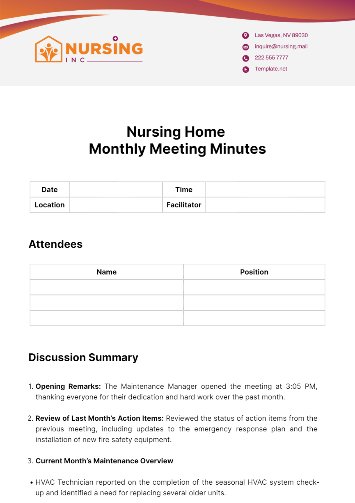 Nursing Home Monthly Meeting Minutes Template