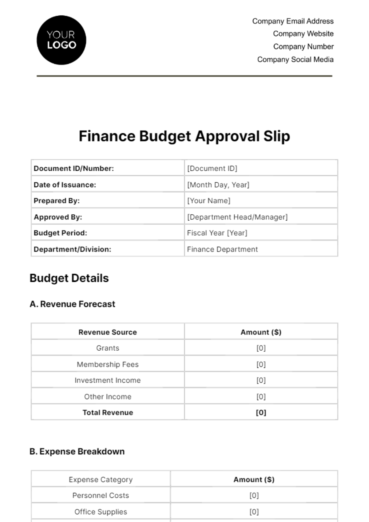Free Finance Budget Approval Slip Template