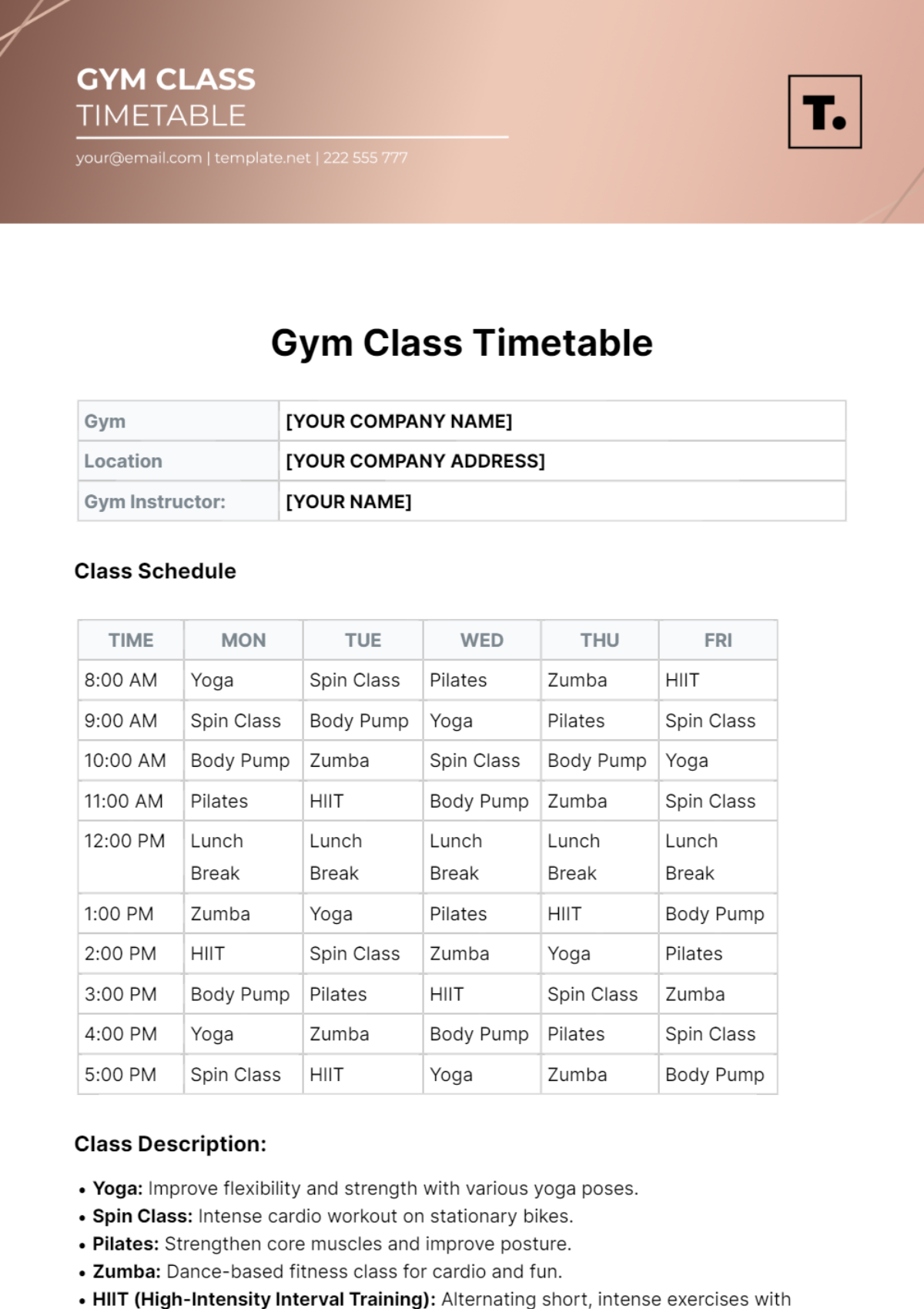 Gym Class Timetable Template