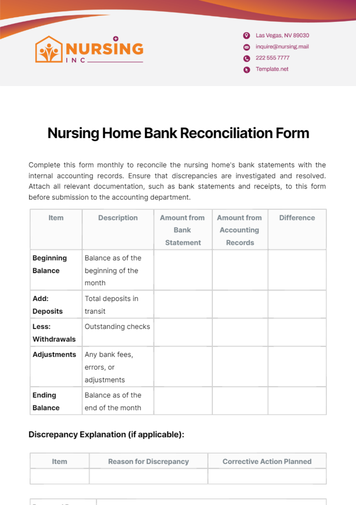 Nursing Home Bank Reconciliation Form Template