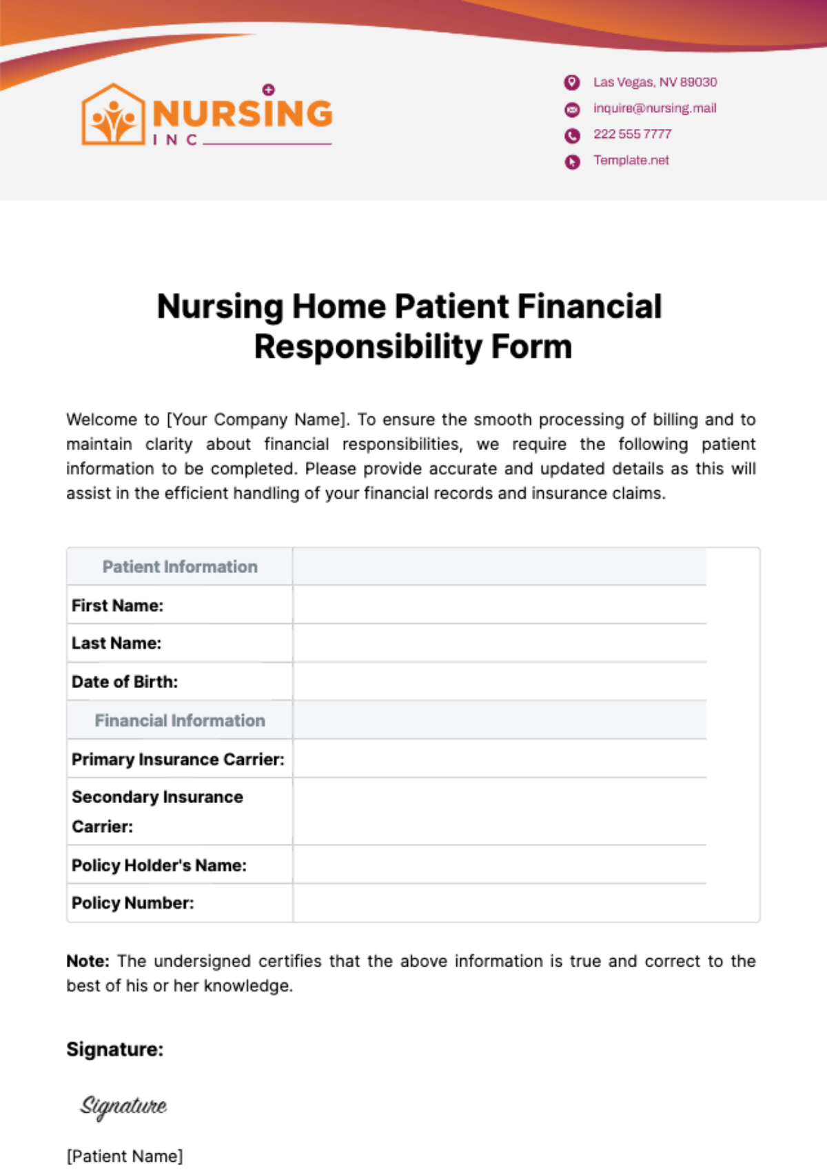 Free Nursing Home Patient Financial Responsibility Form Template