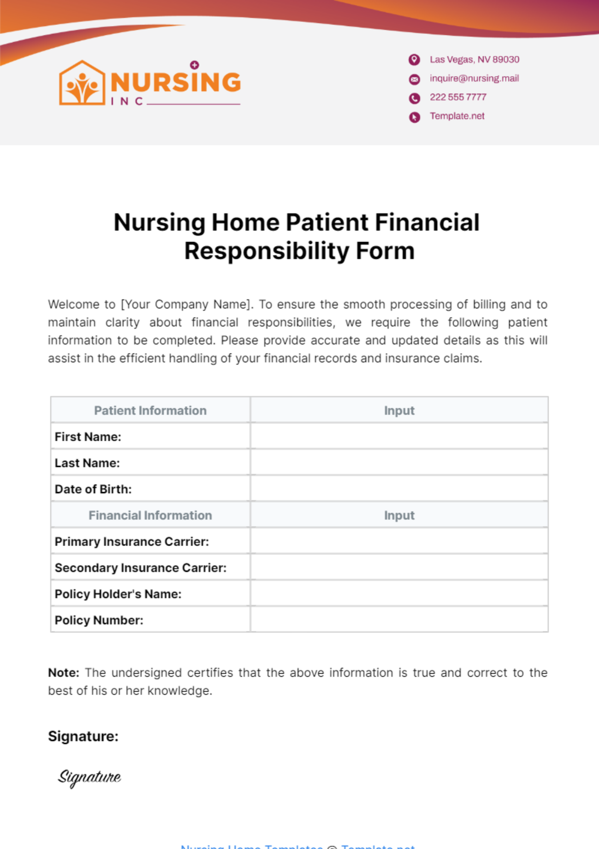 Nursing Home Patient Financial Responsibility Form Template