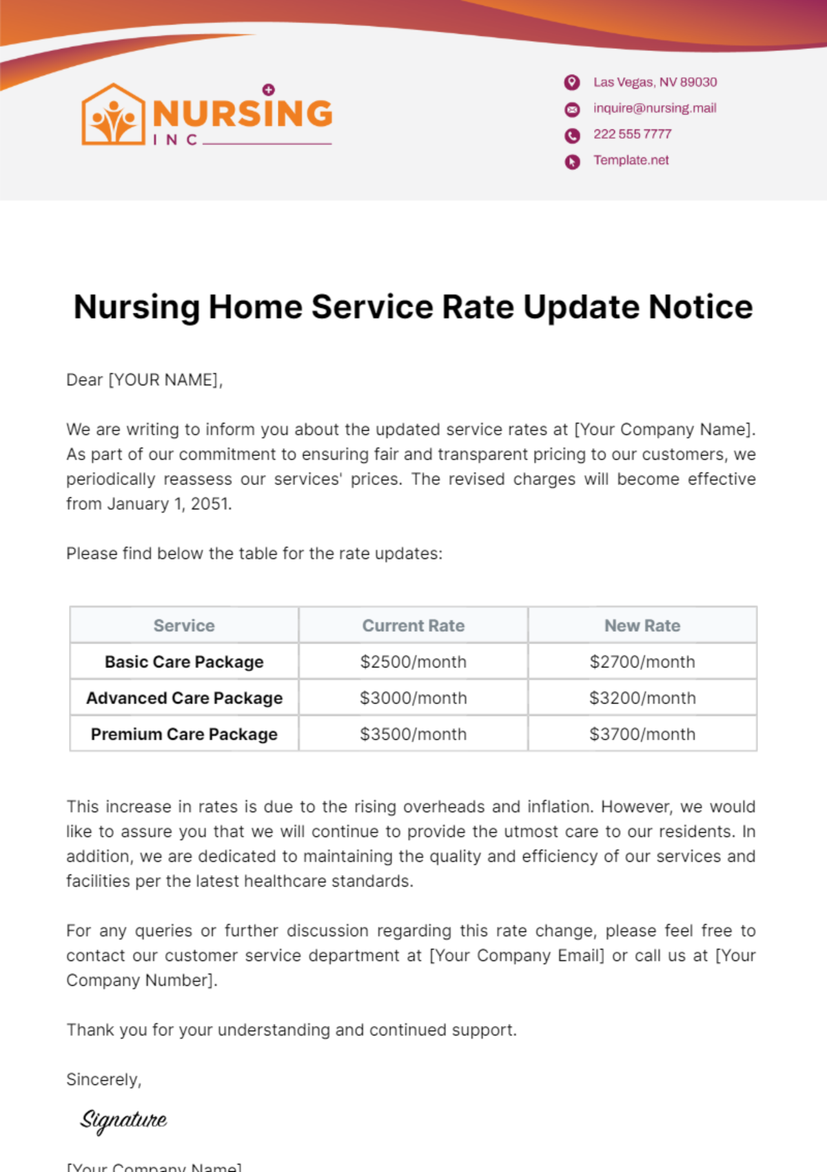 Nursing Home Service Rate Update Notice Template