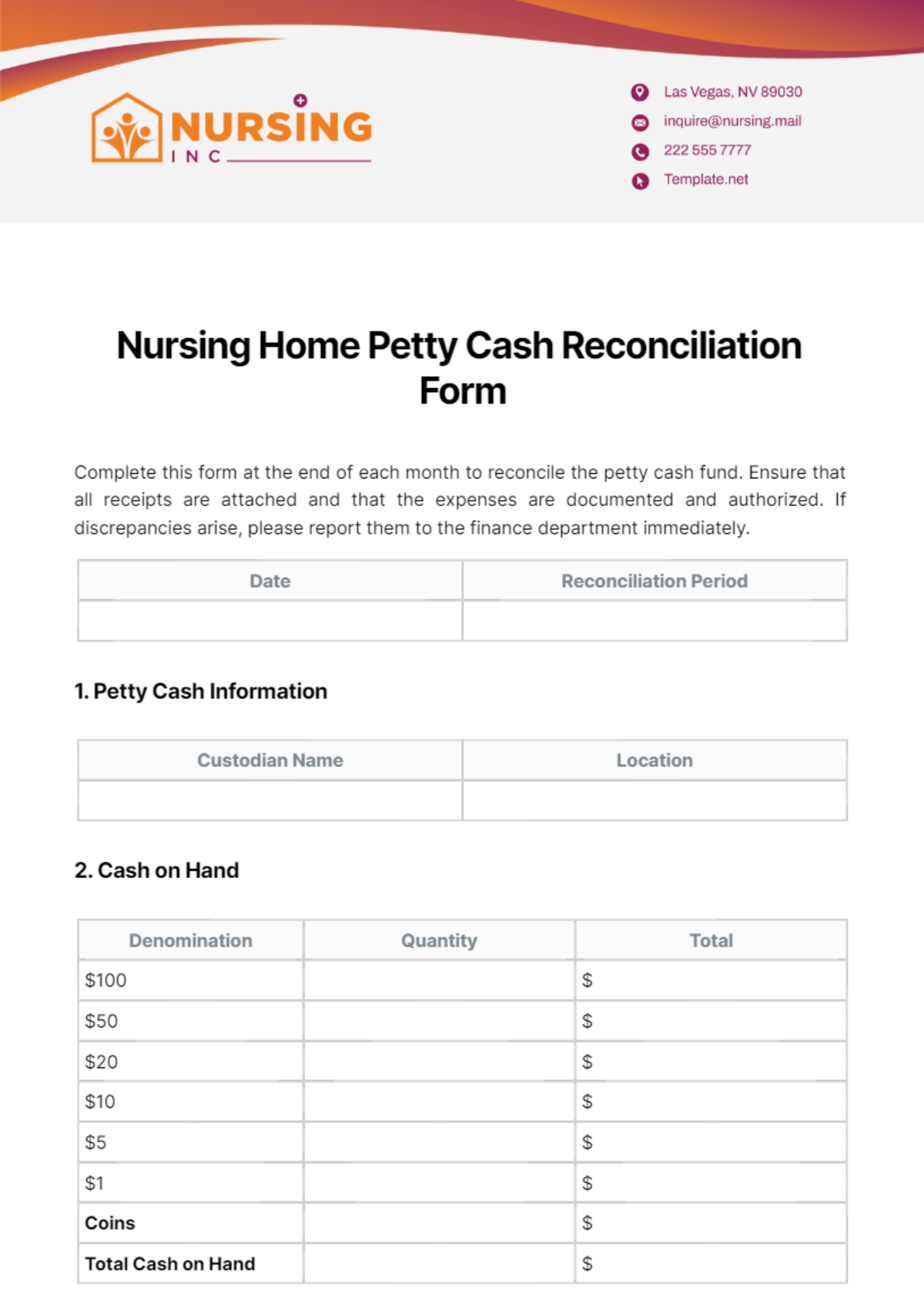 Nursing Home Petty Cash Reconciliation Form Template