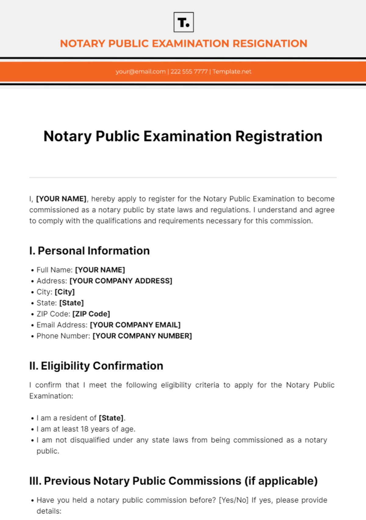Free Notary Public Examination Registration Template