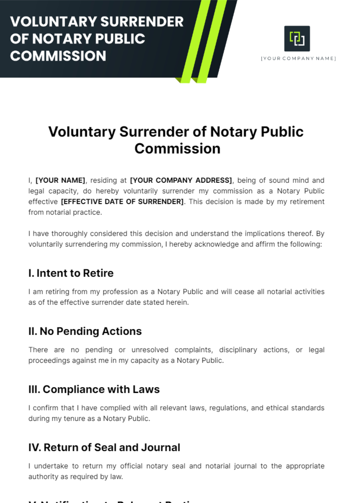 Voluntary Surrender Of Notary Public Commission Template