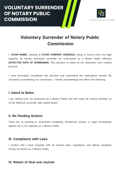 Free Voluntary Surrender Of Notary Public Commission Template to Edit Online