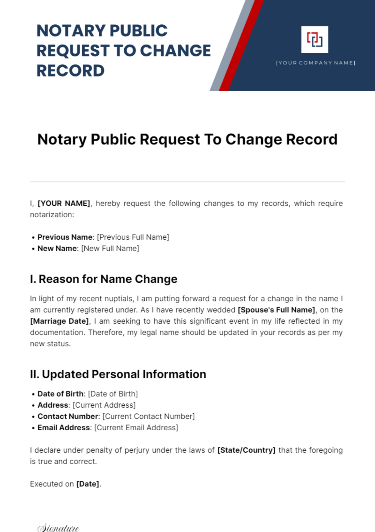 Notary Public Request To Change Record Template