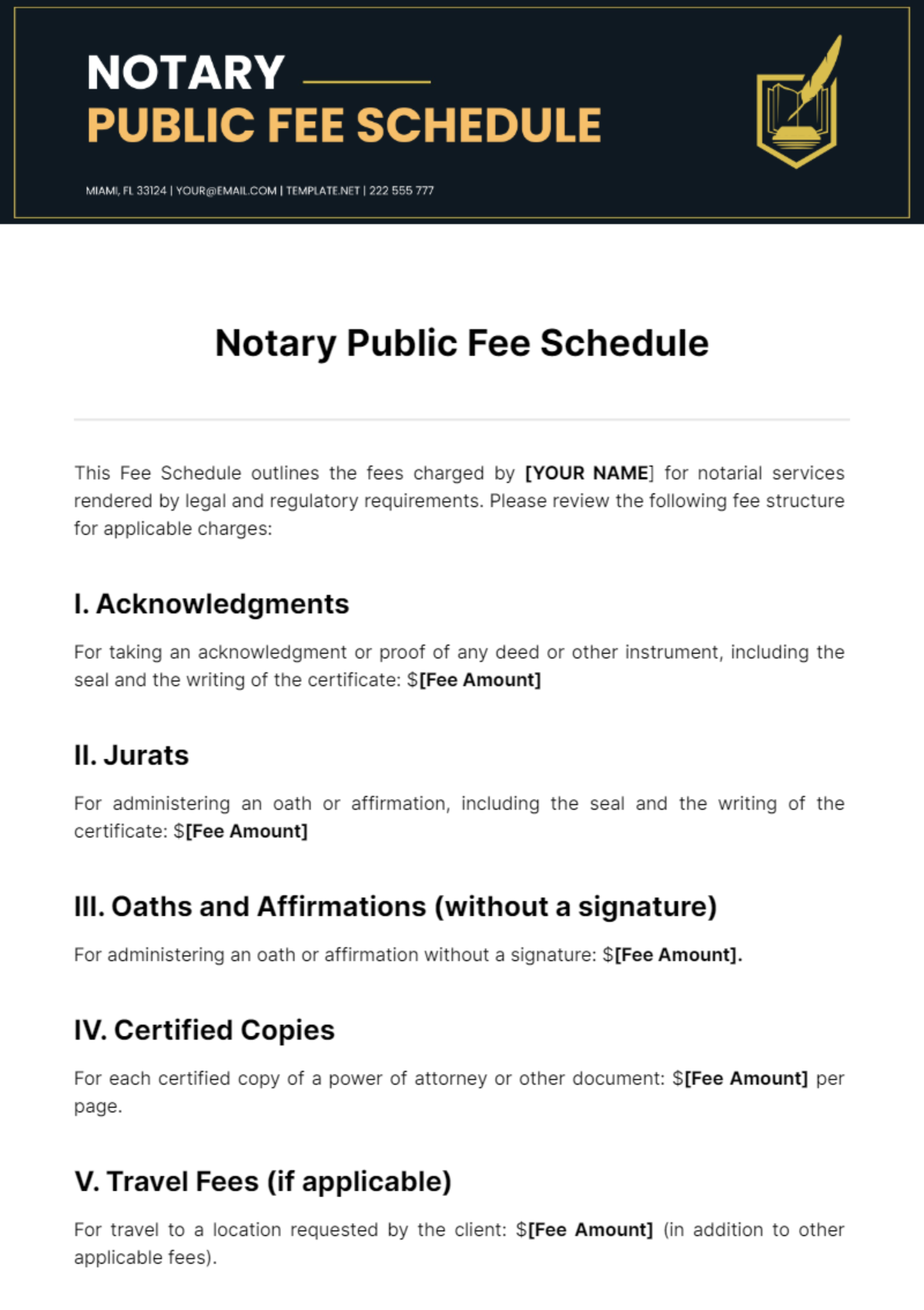 Notary Public Fee Schedule Template