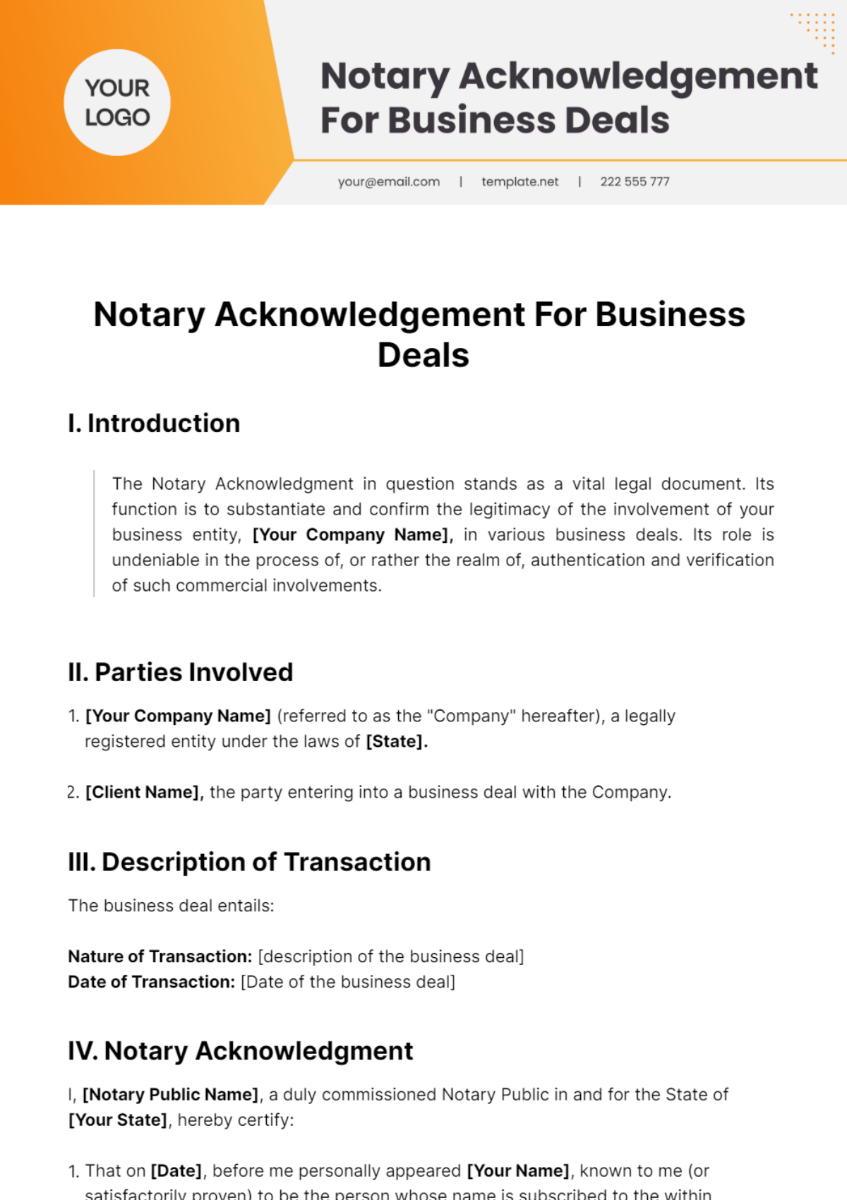 Notary Acknowledgment For Business Deals Template