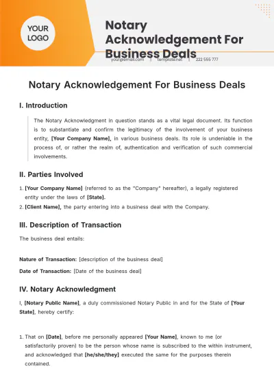 Free Notary Acknowledgment For Business Deals Template to Edit Online