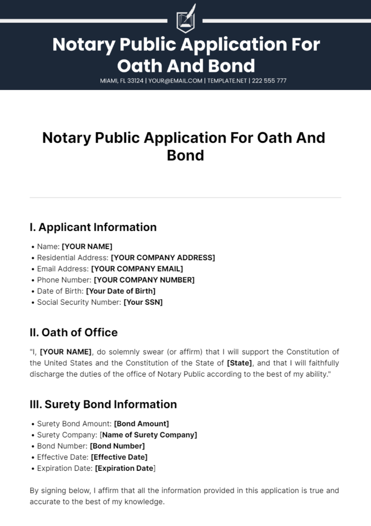 Notary Public Application For Oath And Bond Template
