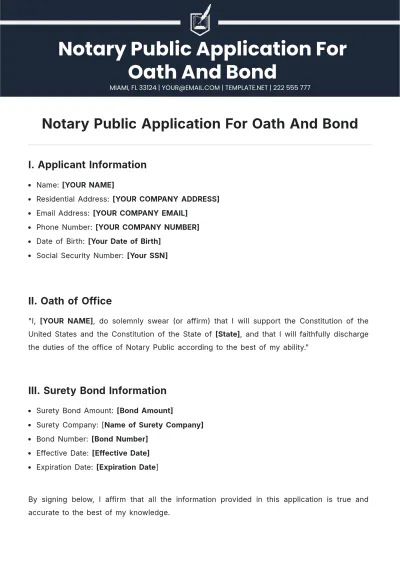 Free Notary Public Application For Oath And Bond Template to Edit Online