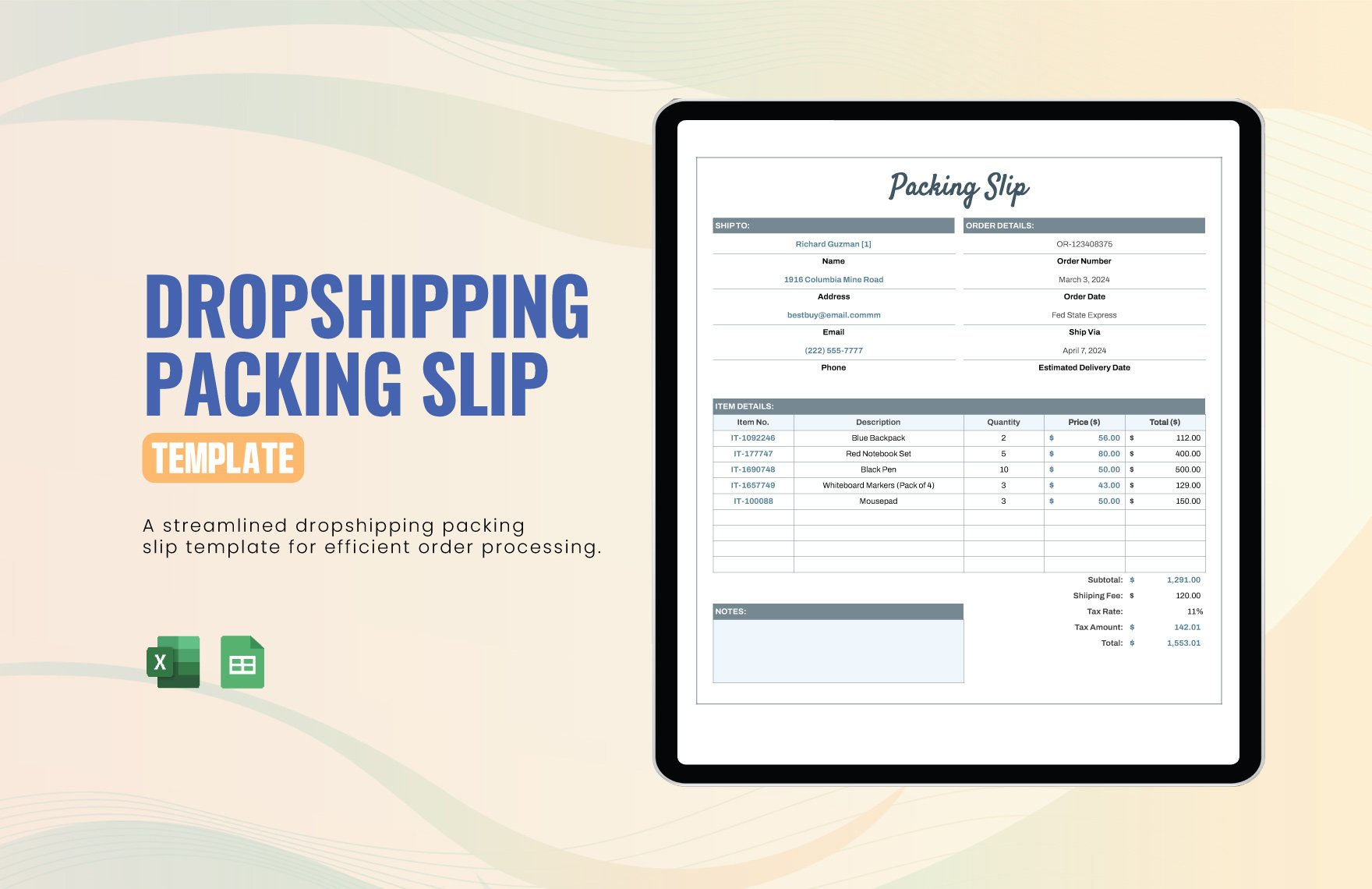 Dropshipping Packing Slip Template in Excel, Google Sheets