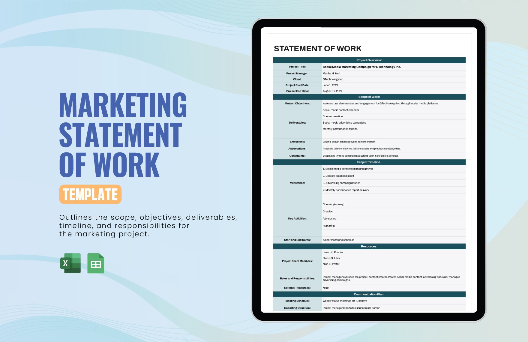 Marketing Statement of Work Template in Excel, Google Sheets