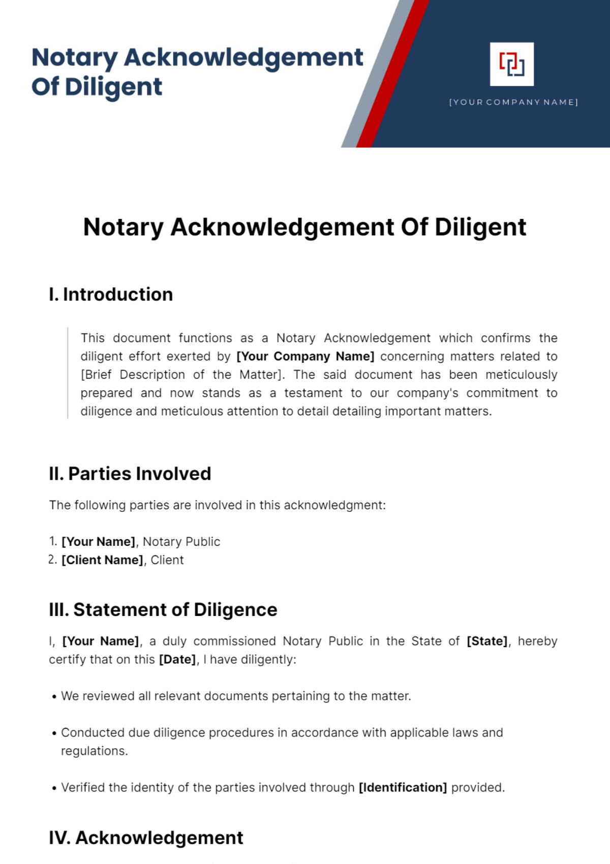 Notary Acknowledgement Of Diligent Template