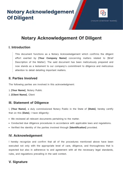 Free Notary Acknowledgement Of Diligent Template to Edit Online