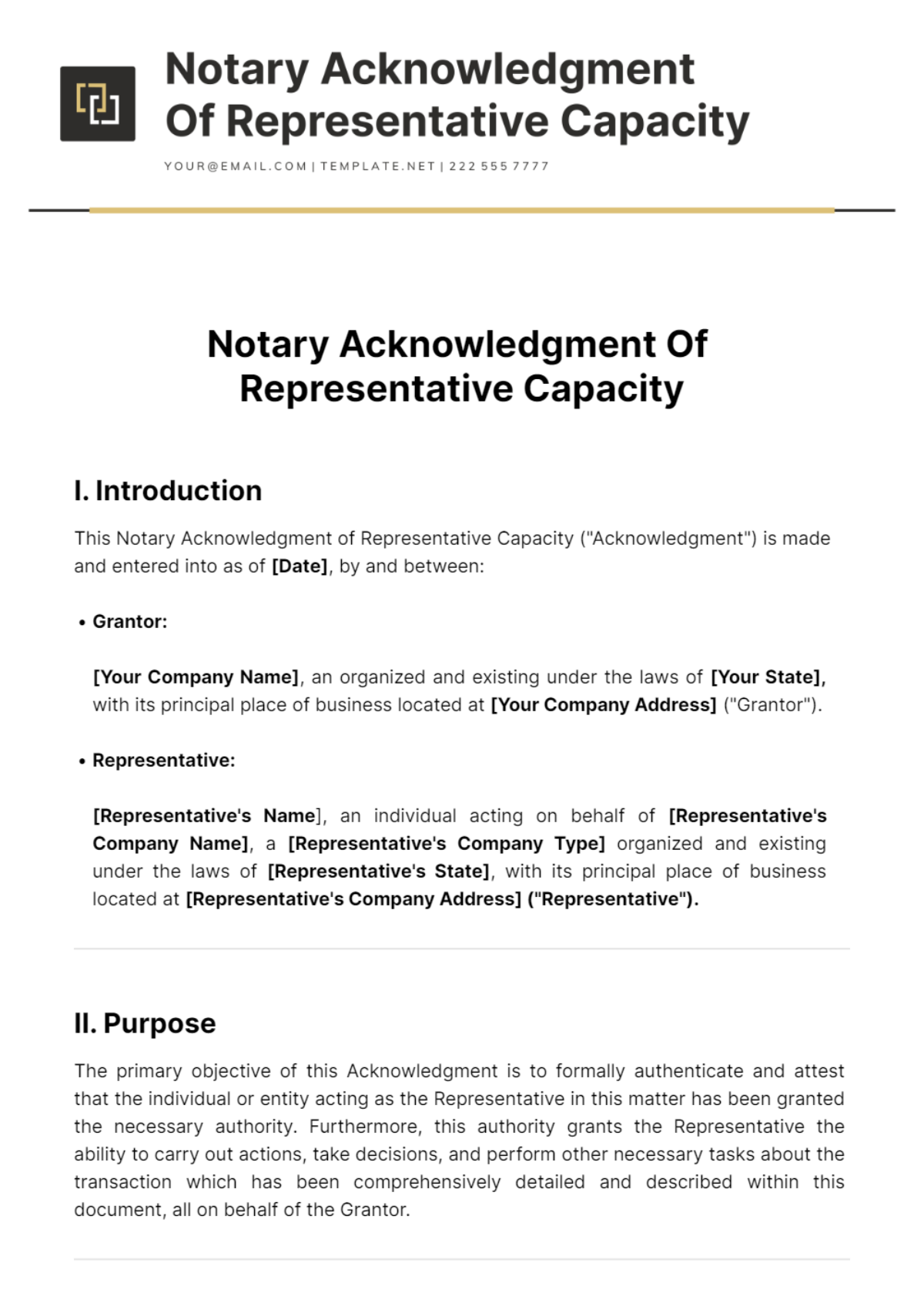 Notary Acknowledgment Of Representative Capacity Template