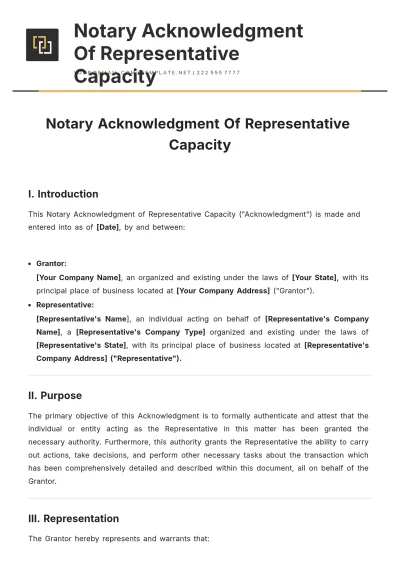 Free Notary Acknowledgment Of Representative Capacity Template to Edit Online
