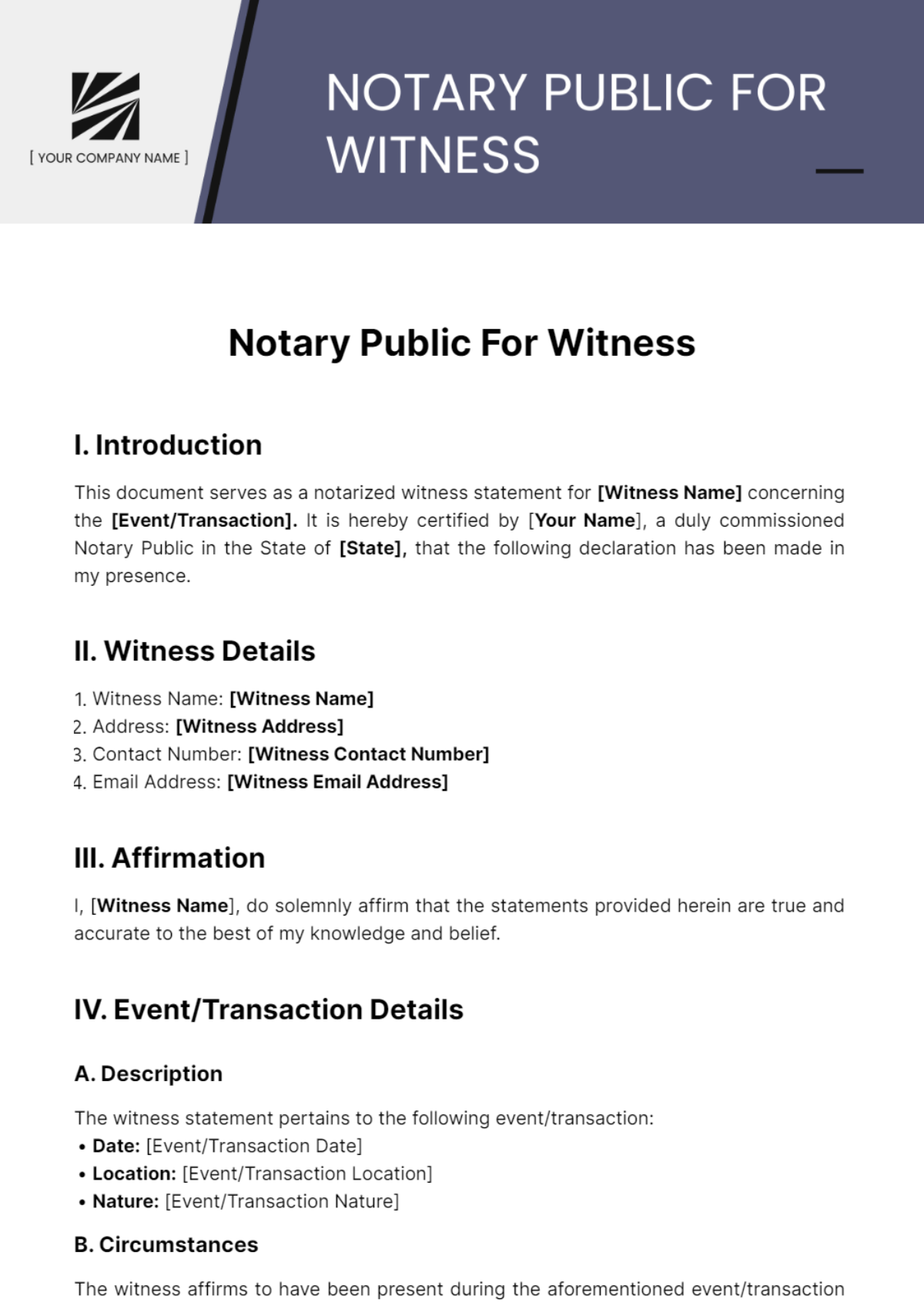 Notary Public For Witness Template