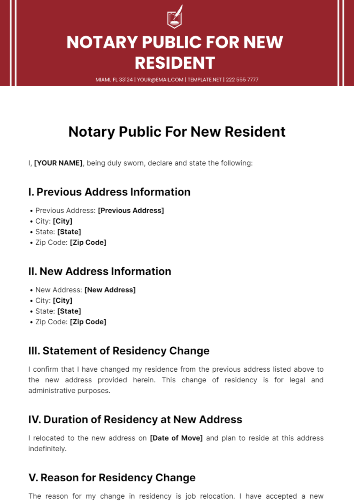 Free Notary Public For New Resident Template