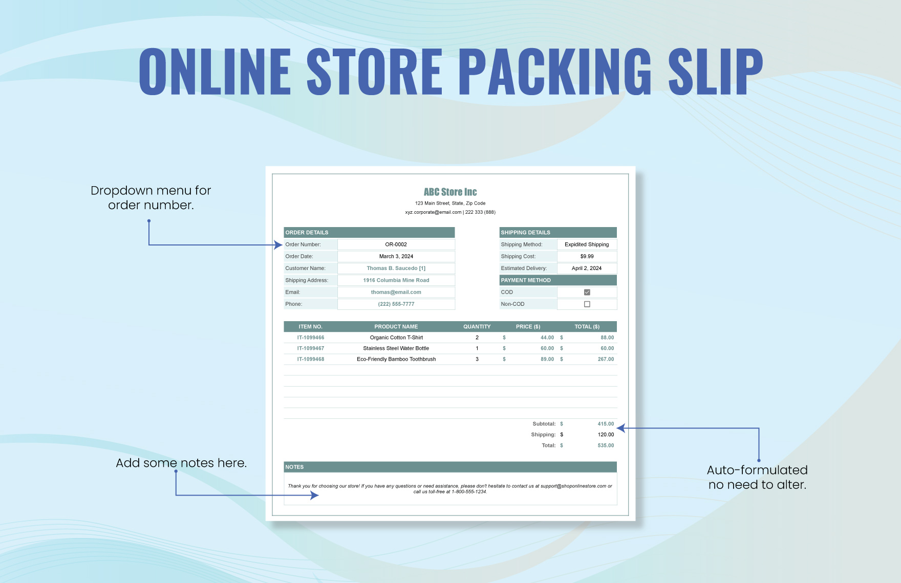 Online Store Packing Slip Template