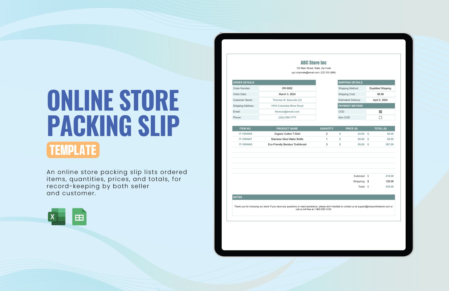 Online Store Packing Slip Template