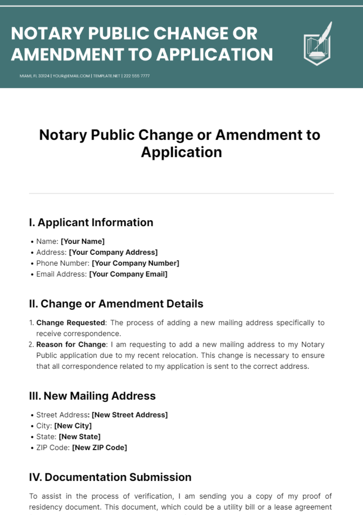 Notary Public Change Or Amendment To Application Template