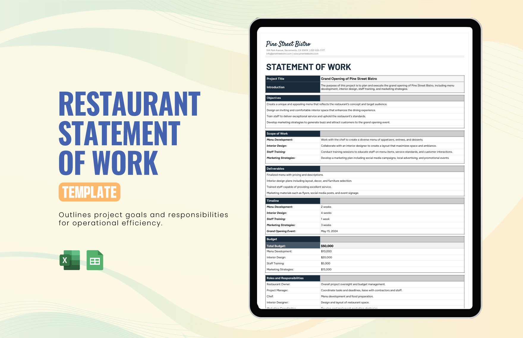 Restaurant Statement of Work Template in Excel, Google Sheets