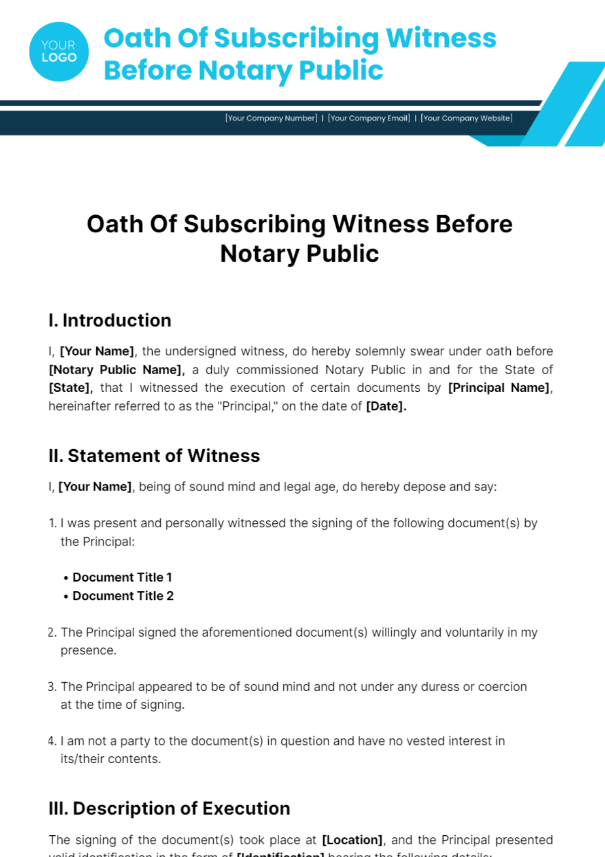 Oath Of Subscribing Witness Before Notary Public Template