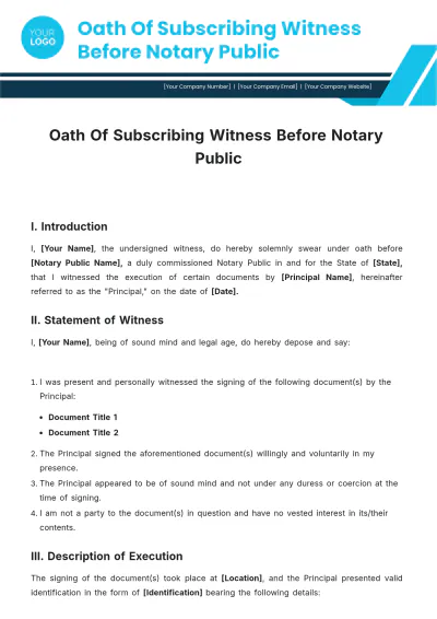 Free Oath Of Subscribing Witness Before Notary Public Template to Edit Online