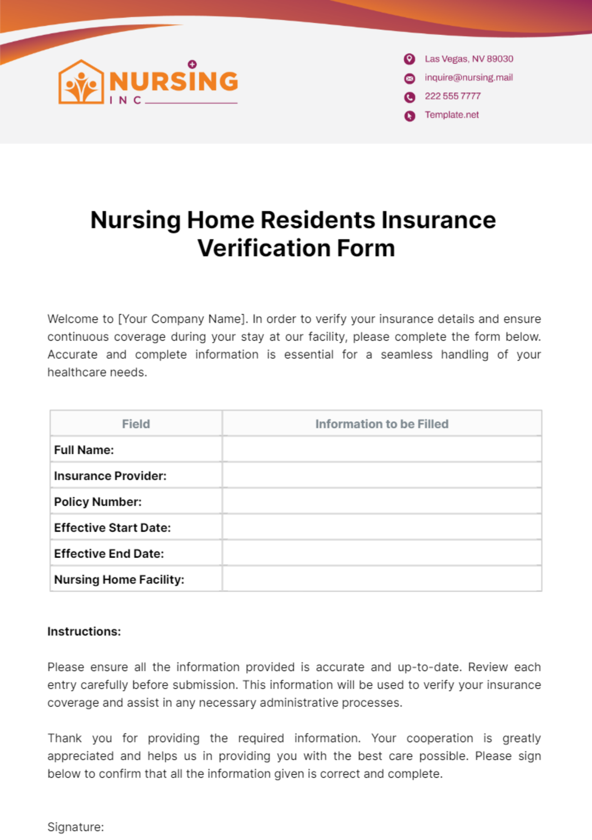 Free Nursing Home Residents Insurance Verification Form Template