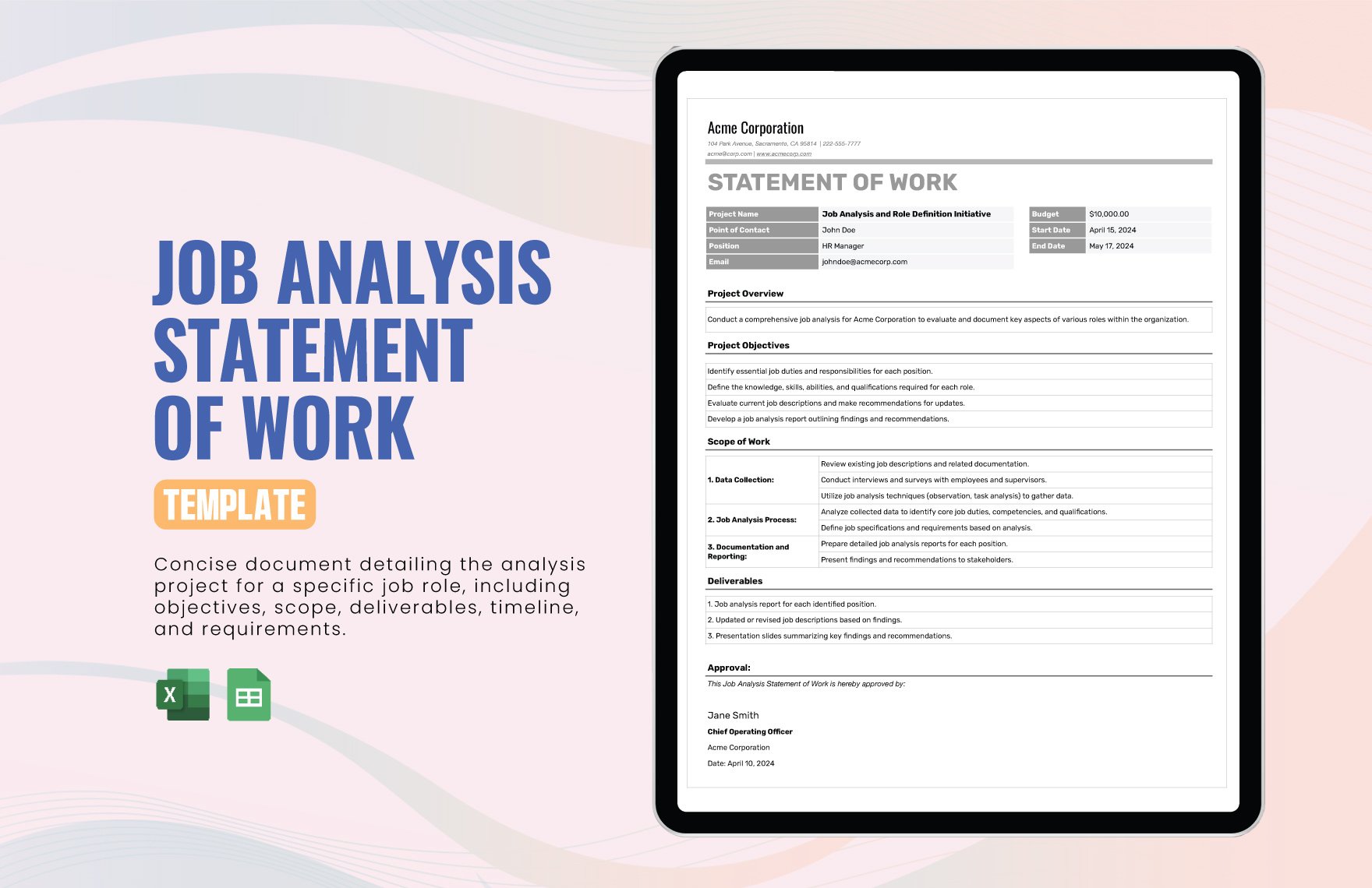 Job Analysis Statement of Work Template in Excel, Google Sheets