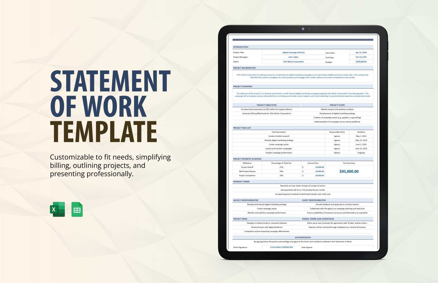 Free Statement of Work Template in Excel, Google Sheets