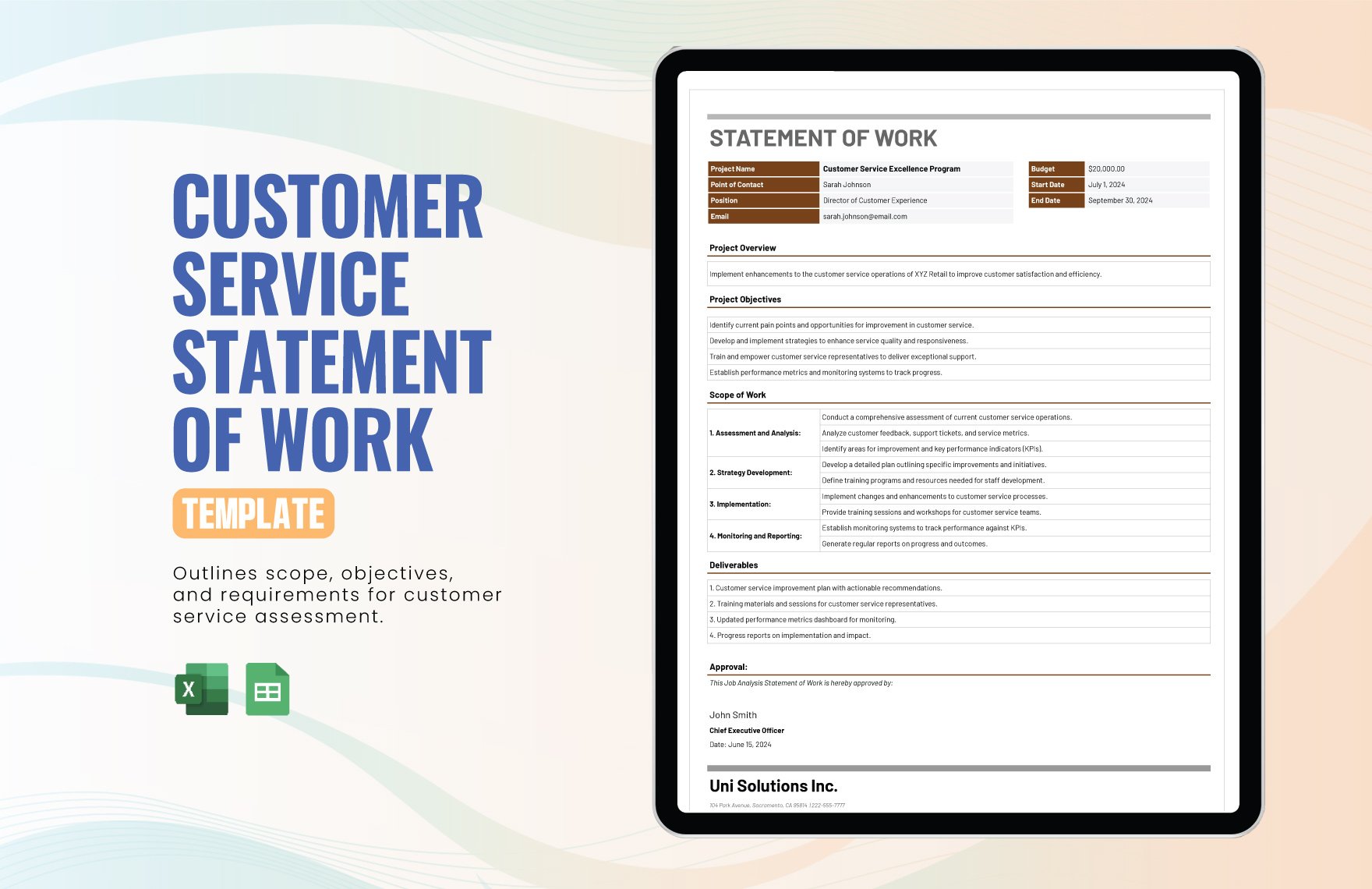 Customer Service Statement of Work Template in Excel, Google Sheets