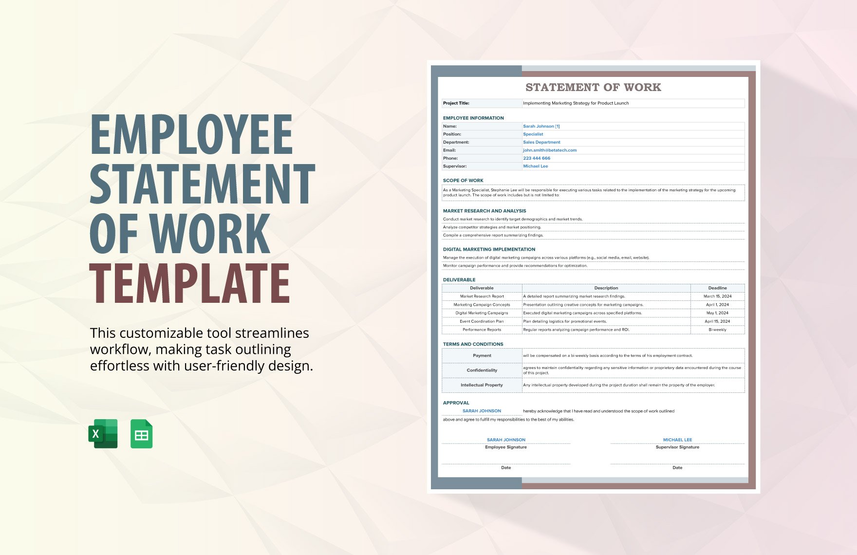 Employee Statement of Work Template in Excel, Google Sheets